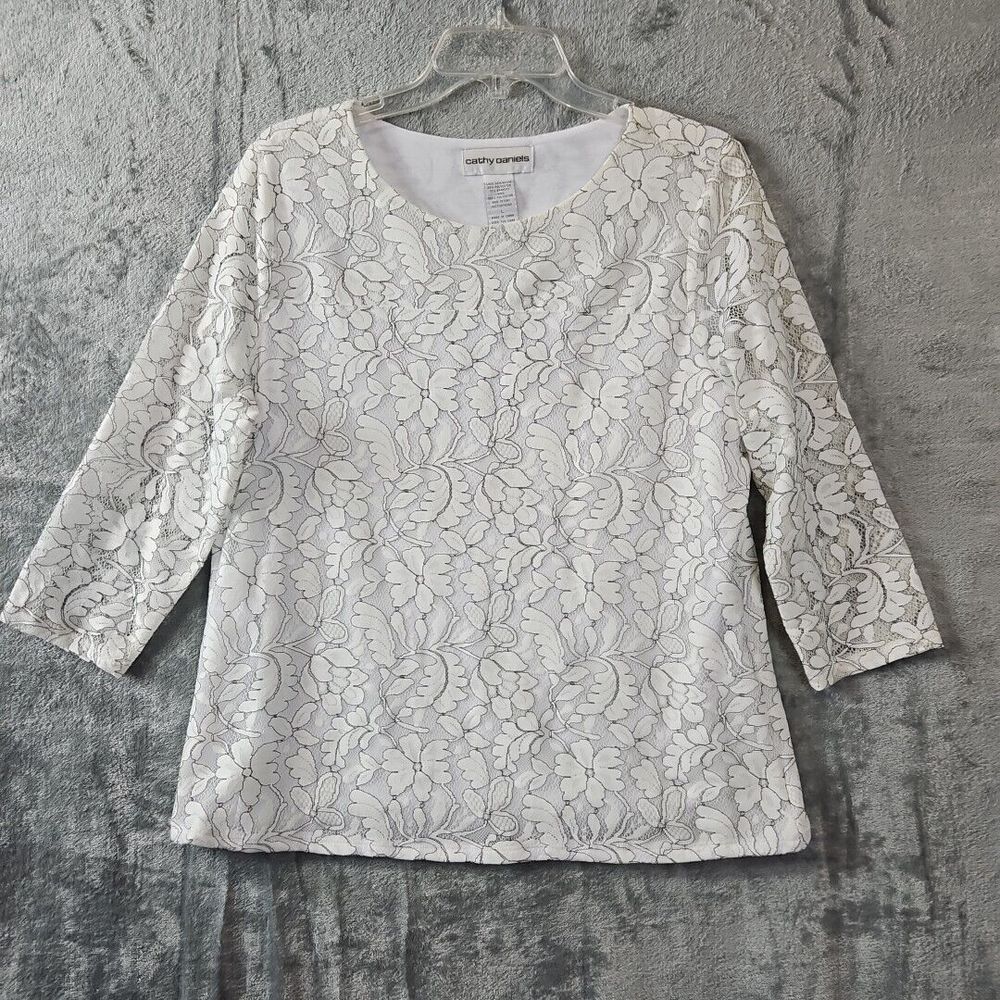 Cathy Daniels Women's Black White Lace Overlay Lg floral pattern sheer sleeve